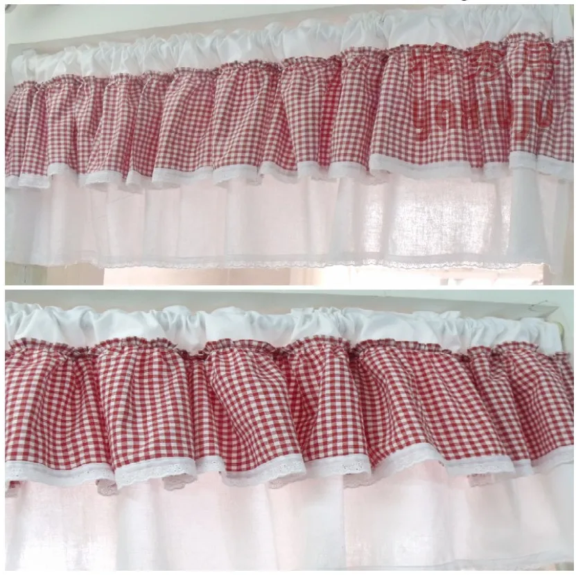 

Korean Style Red Plaid Splice White Lace Edge Cotton Blending Bunk Decorative Coffee Curtain/Cupboard Curtain 40*150cm
