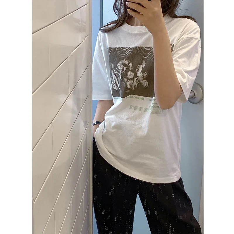 

2021 Spring New Movie Character White Printed T-shirt Women's Cotton Short Sleeve round Neck Top Ins