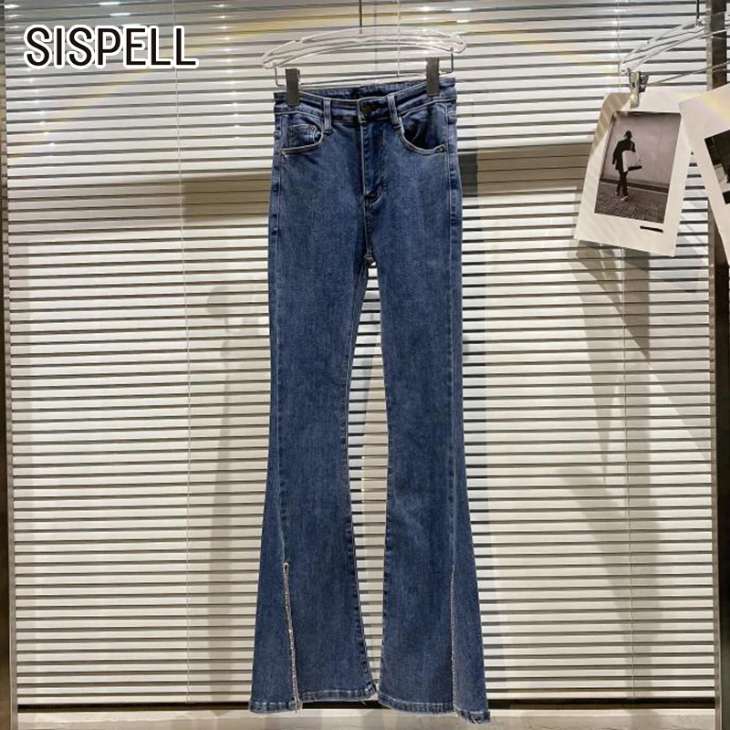 

Женские расклешенные брюки SISPELL, повседневные облегающие джинсовые брюки с высокой талией, в стиле пэчворк, со стразами, 2021