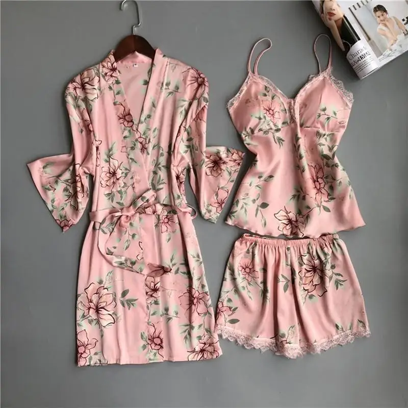 

Pink Pajamas Sets Womens 5PC Strap Top Pants Sleepwear Suit Spring Autumn Home Wear Nightwear Kimono Robe Bath Gown M-XXL