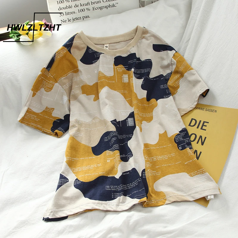 

HWLZLTZHT Cotton women's T-shirts Patchwork female Tops Vintage summer shirt women Camouflage plus size t shirt