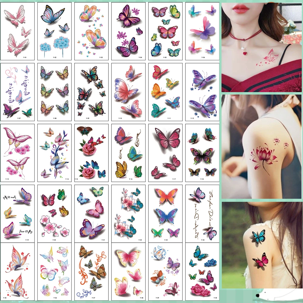 

30Pcs/Set No Repeat Temporary Tattoo Stickers Waterproof Arm Clavicle Body Art Sticker Disposable butterfly tatouage temporaire