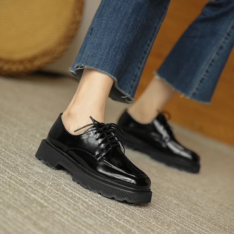 

Osunlina 2021 New Woman Flats Square Toe Lace Up 4cm High Heels Platform Cow Leather Concise Casual Work Lady Shoes Handmade