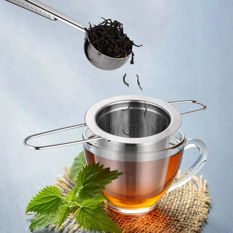 

Stainless Steel Tea Strainer,Tea Filter for Loose Tea,Including Lid,Drip Tray and Spoon, Suitable Foldable Handle Design