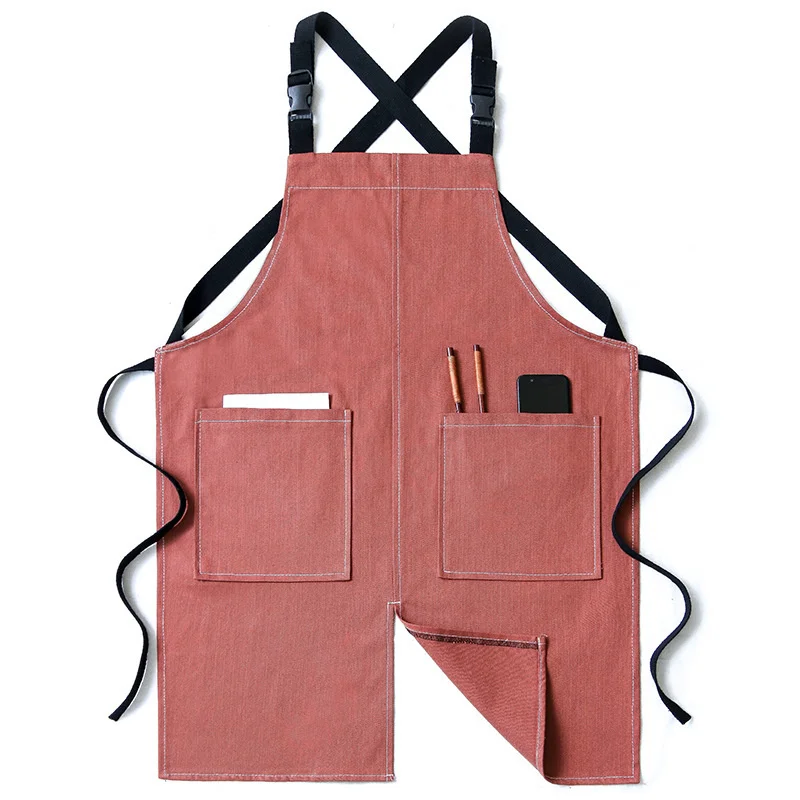 Solid Canvas Women Apron Kitchen Accessories Pocket Baking Cafe Bibs House Cleaning Chef Pinafore Painting Cooking Accessories