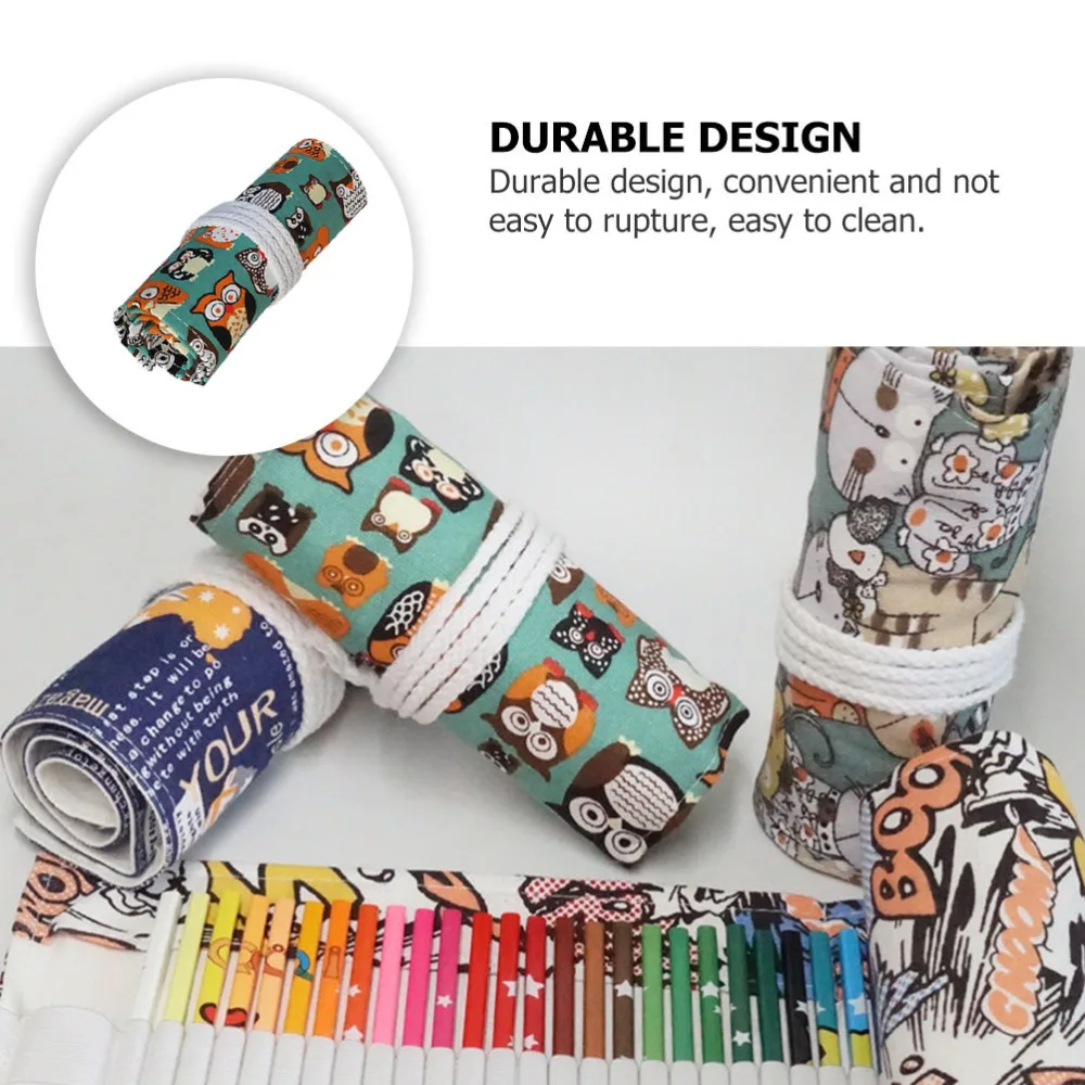

Fashion Unisex Pencil Brush Rolling Bag Cat Pattern Pen Roll Pouch (48 Holes)
