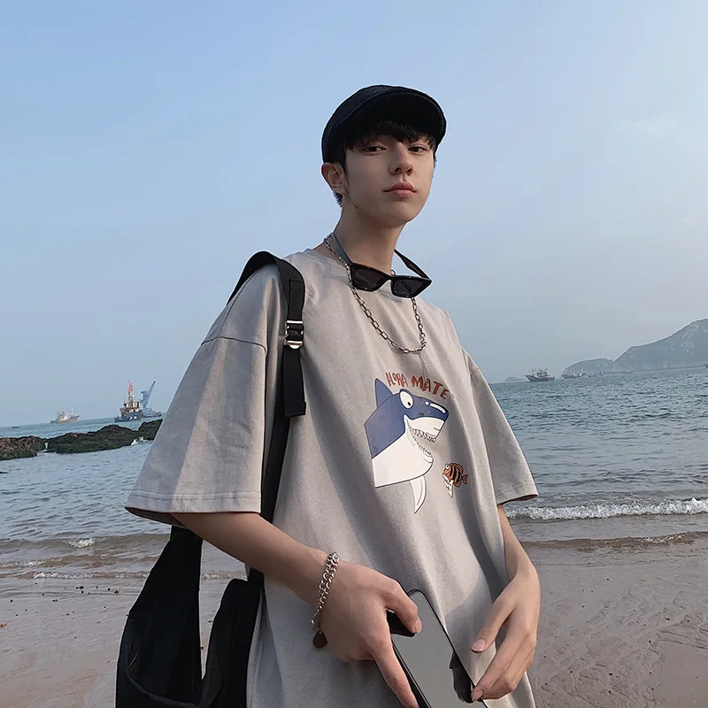 

Футболка мужская оверсайз с принтом акулы, хлопок, короткий рукав, Повседневная Уличная одежда, стиль хип-хоп