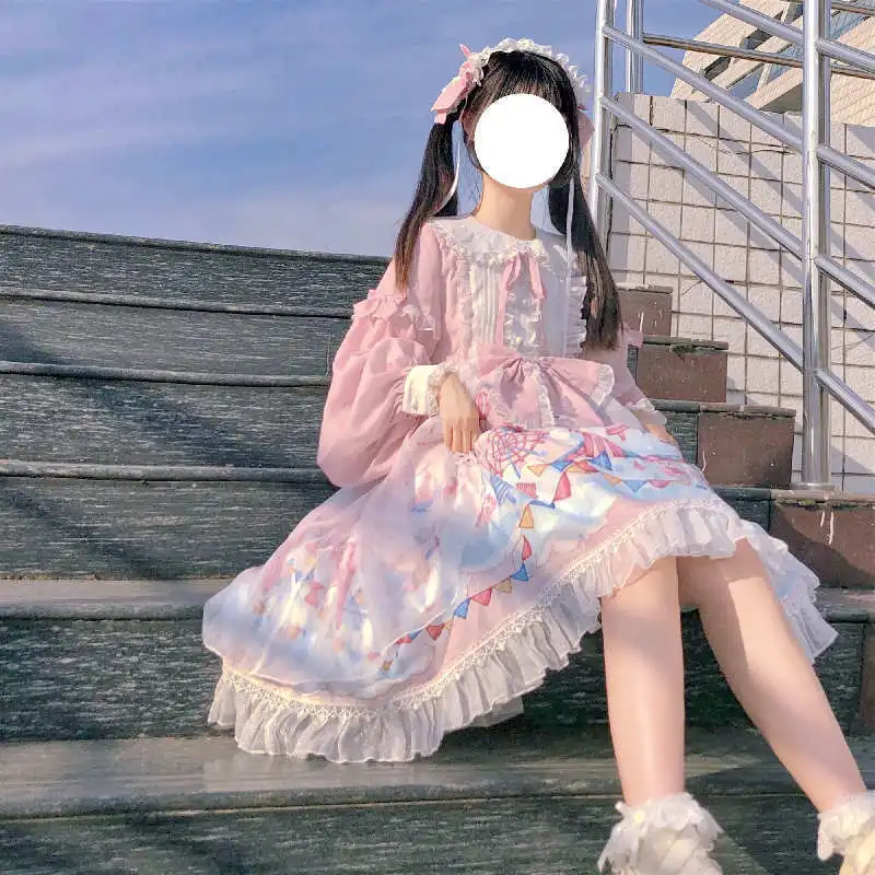 

Japanese Sweet Lolita Dress Dreamland Amusement Park OP Lolita Kawaii Daily Dress Tea Party loli cos With Hairband