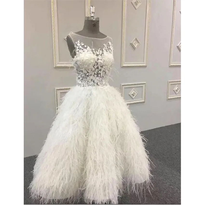 

Luxury Saudi Arabic White Feather Prom Dresses 2020 Illusion Tutu 3D Flower Prom Gowns Ankle Length Formal Dress Vestidos Longo
