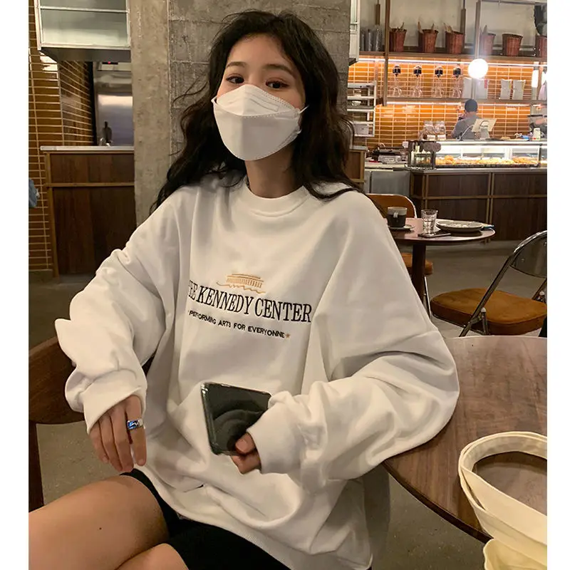 

Women's Hoodies Pullover O Neck Letters Pattern Cotton Oversize Loose Tops Wholesale 2021 Autumn Fashion Casual Lady Clothing