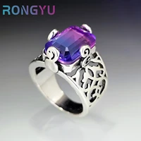 retro womens rings purple tourmalines luxury fashion silver color chunky rings hollow out flower pattern female wedding jewelry