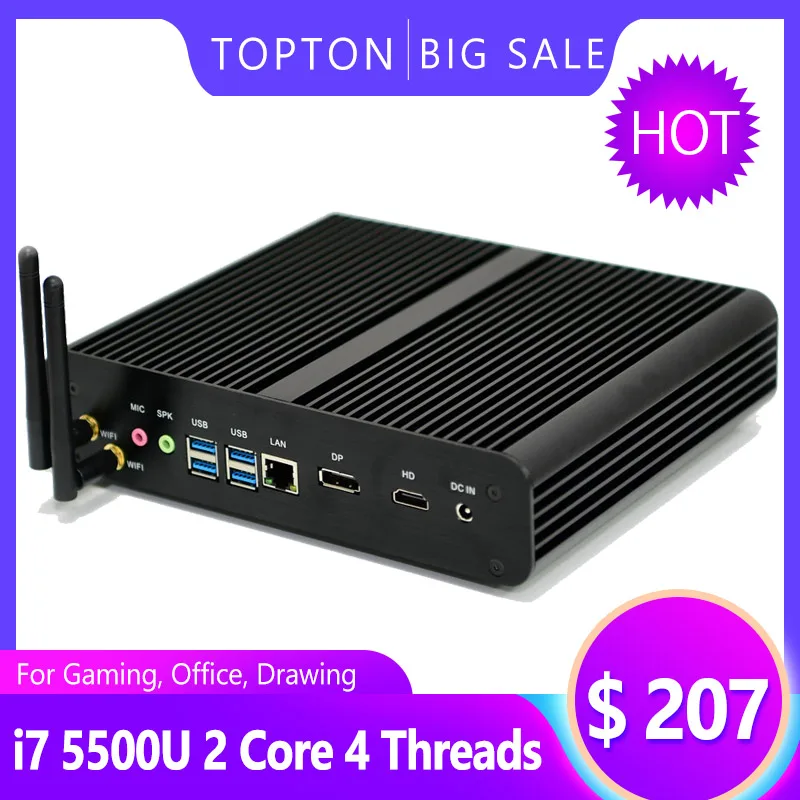 Дешевый Windows 10 Pro мини ПК без вентилятора i7 5500U i5 5200U i3 5005U 2 * Lans HDMI 1 оптический Barebone