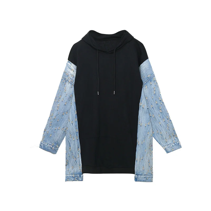 Женская толстовка с капюшоном Max LuLu черная джинсовая Толстовка длинным рукавом и