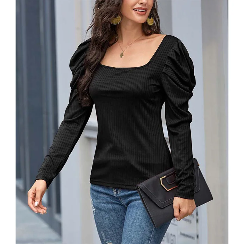 

Женские весенне-осенние туфли с квадратным вырезом с пышными рукавами футболка модные тонкие однотонные Цвет OL Топы WX168