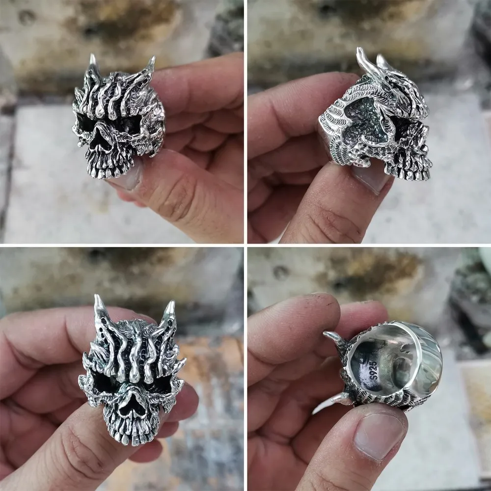 Мужское байкерское кольцо в стиле панк LINSION 925 пробы серебряное виде черепа
