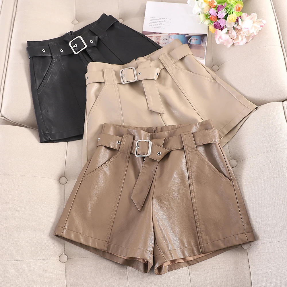 

2019 autumn and winter leather shorts female new Korean version of high waist wide leg loose a word PU soft leather