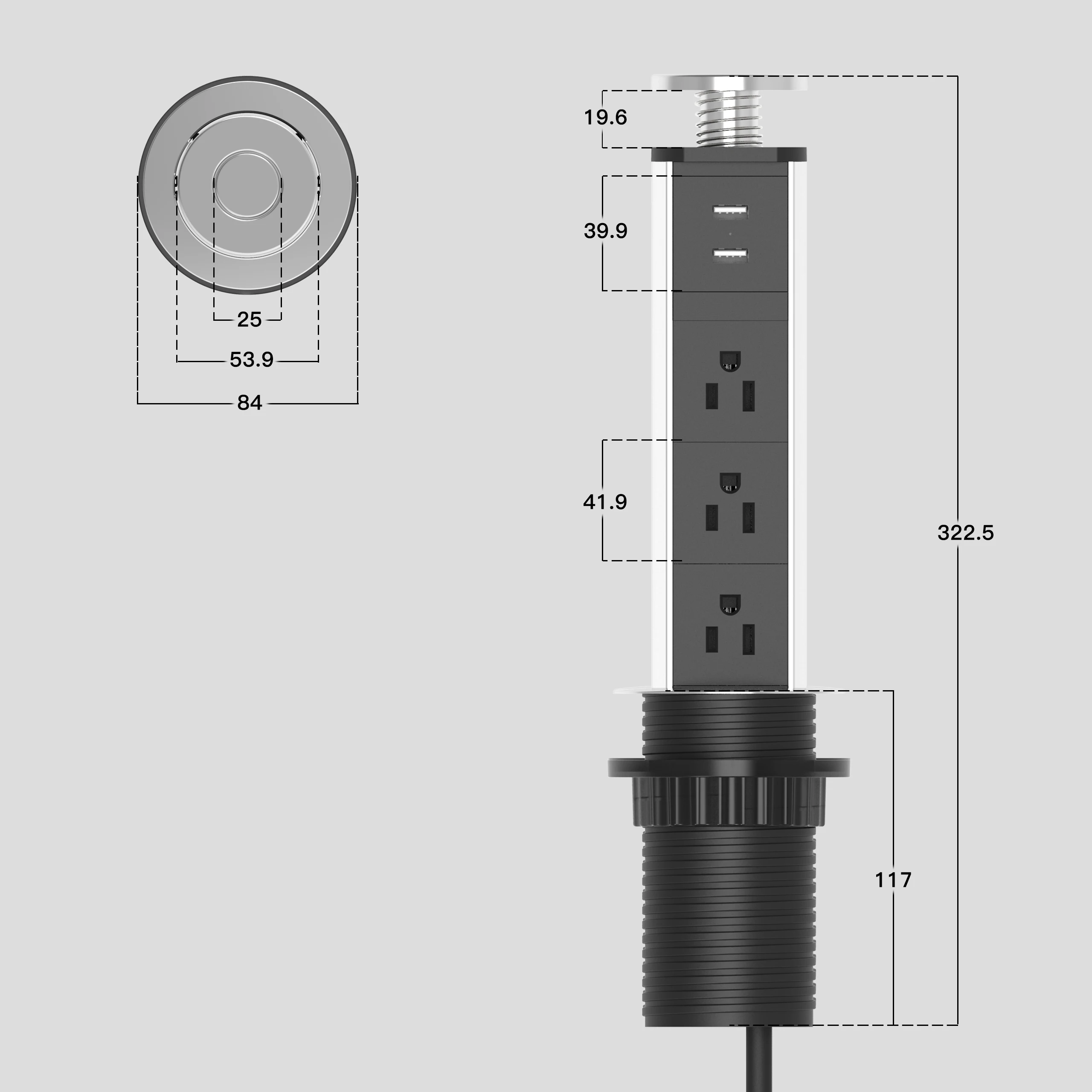 

LENGON 15A PULL POP UP 3 Power US Socket 2 USB Charging Port Kitchen Table Desktop Sockets Retractable Countertops Worktop