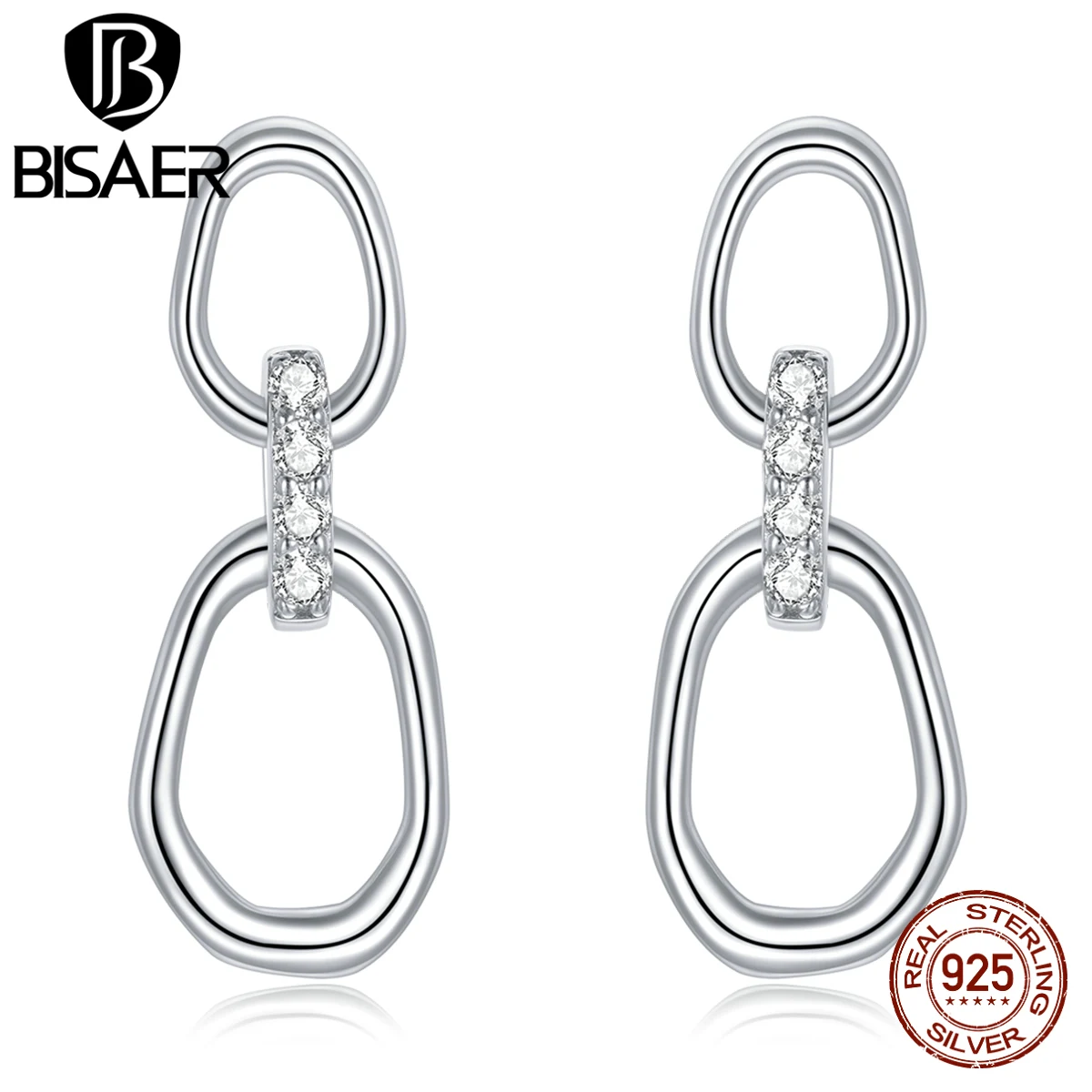 

Bisaer 925 стерлингового серебра с геометрическим рисунком уха пряжки, свисающие серьги для женщин, серьги для свадьбы, помолвки, модное ювелирн...