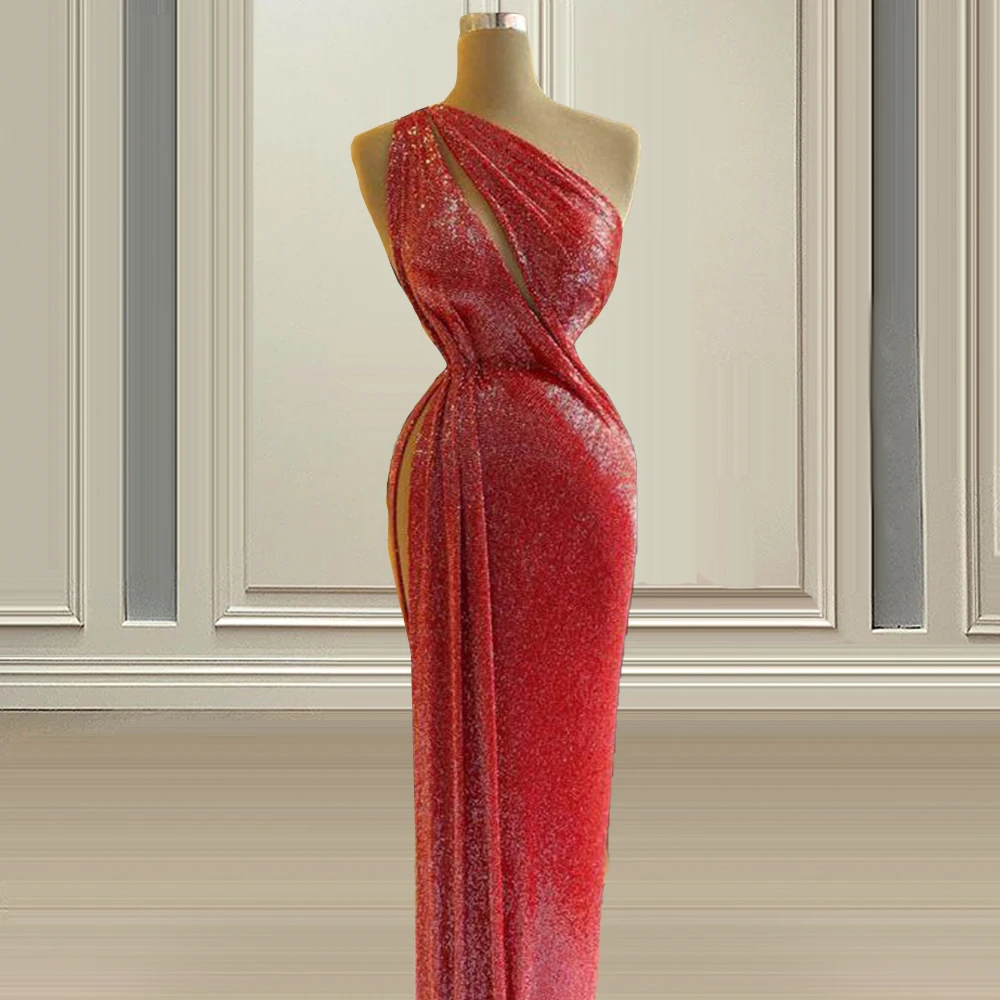 

Dubai Red One Shoulder Prom Gown Sleeveless Sequined Evening Dresses Luxury Formal Dress vestidos de noche