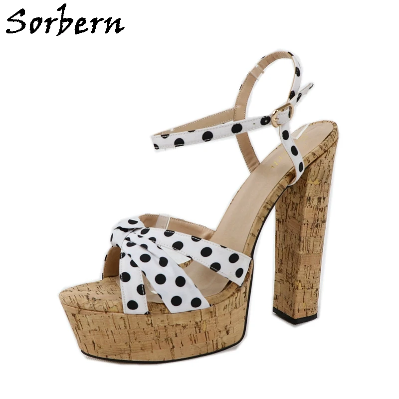

Sorbern Black White Dot Block Heel Sandals Ankle Straps Platform Runway Shoes Crok Style Chunky Heels Unisex Plus Size 5-15