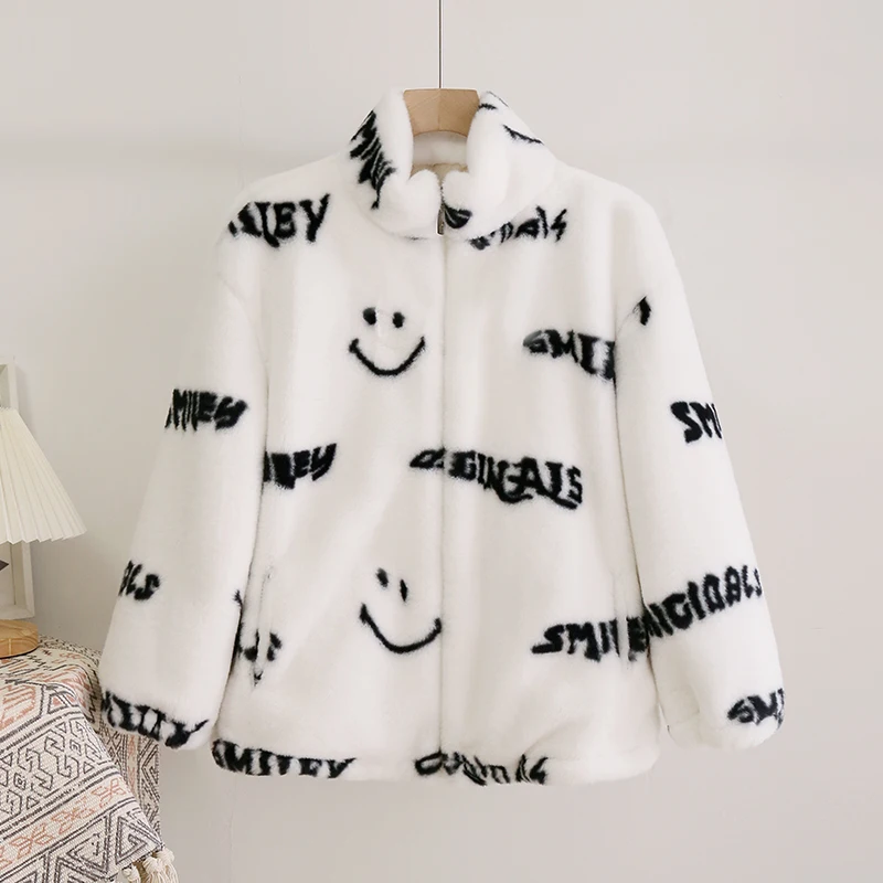 JESSIC Street Fashion Letter Fur Coats Women Winter Oversized Batwing Sleeve Faux Rabbit Fur Jacket Coat Hip Hop Streetwear