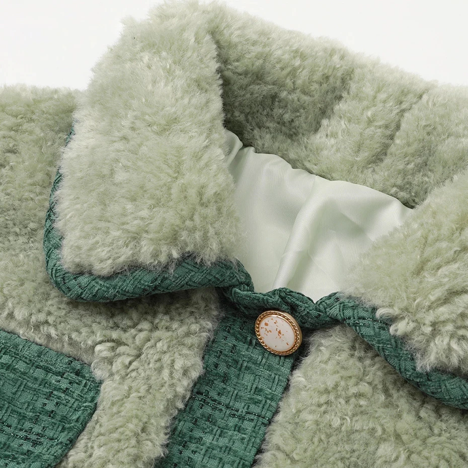 

2020 Imitation Lamb Overcoat Retro Green Single-breasted Stitching Wool Coat Women's Turn-down Fur Winter Jacket Coat Plus Size