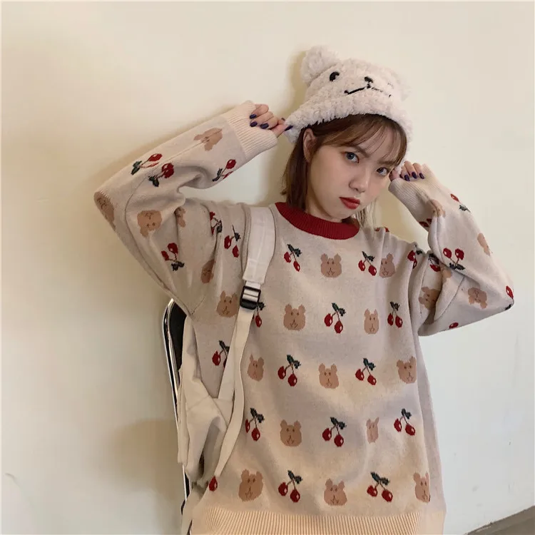 

new arrivals autumn loose bear cherry pattern knitting sweater women sweet long sleeve pullovers sweater female coat