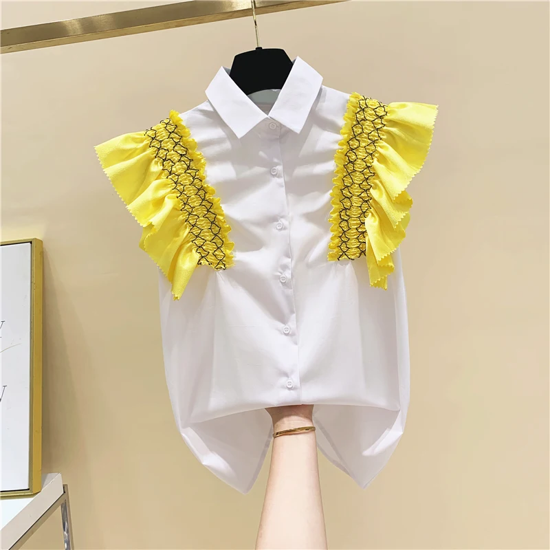 

summer sleeveless ruffles blouse women polo collar loose slim design tops hit color shirt female