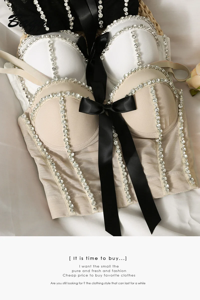 

Mesh Top Rhinestone Bustier Corset Diamond Push Up Night Club Bralette Women's Fashion Summer Bow Tie Bra Cropped Top Bright