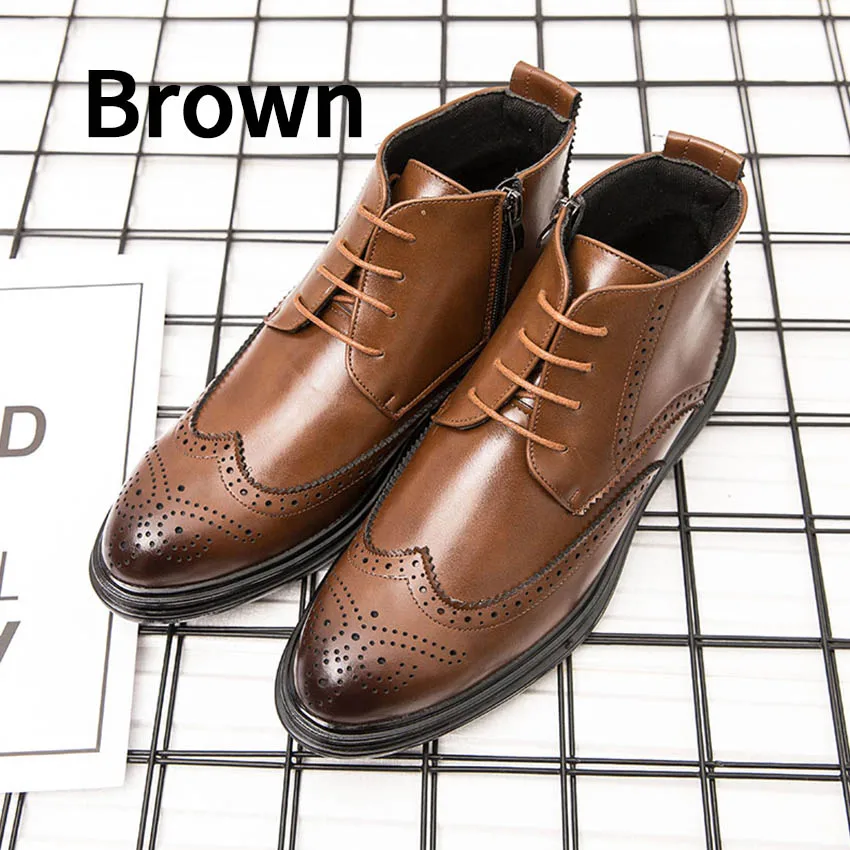 Brown BIMUDUIYU Autumn New Men Leather Ankle Oxford Boots British Style Male Casual Lace Up Derby Shoes Fashion High Top Brogue Shoes - Цвет: Brown