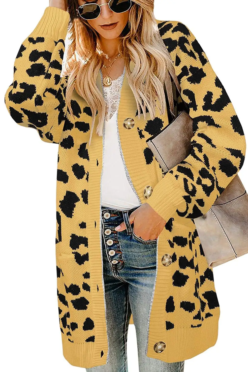 Женский леопардовый кардиган с длинным рукавом карманами| |