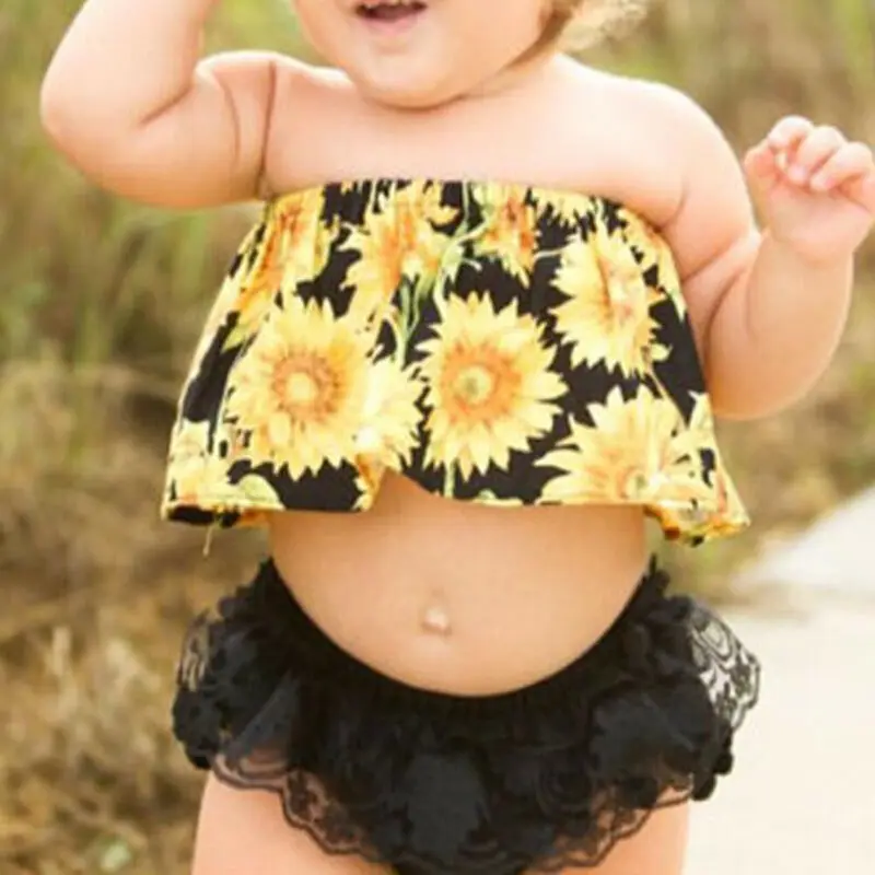 

Newborn Toddler Baby Girls Clothes Set Off Shoulder Tops + Black Lace shorts + Headband 3pcs Outfits Set Sunsuit Baby Clothing