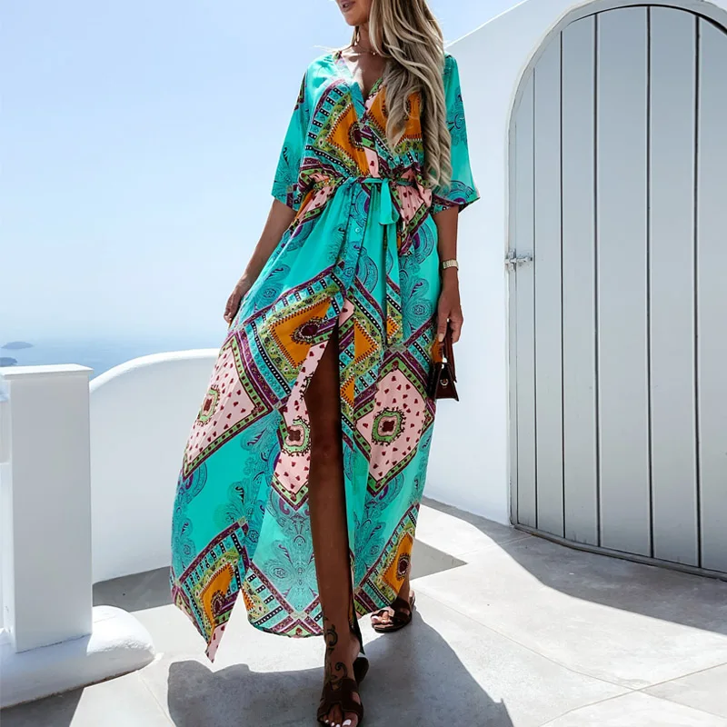 

Sexy 2021 Women Fashion Print Boho Dress Casual V Neck Lace-Up Retro Pattern Party Dress Elegant Button High Split Long Dress