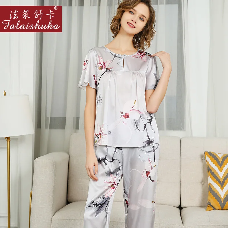 Pajamas Set Silk Stain Floral Print Women Oversized Short Sleeve Top and Shorts Set Summer Homewear Sleepwear Silk Sleep Wears