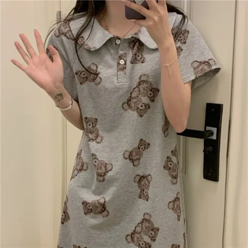 

Summer Sweet Cute Lovely Kawaii Pajamas Women Soft Dress Button Up Polo's Neck Bear Print Nightdress Loose Comfortable Nightgown