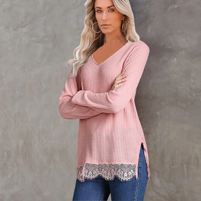 

Casual Autumn 2020 Women Sweaters Long Sleeve Pink Kintted Sweater Streetwear Vintage Women Clothes Sweaters Lace Patchwork Tops