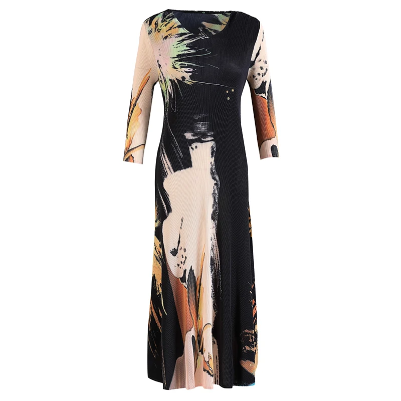 

Plus Size Dress For Women 45-75kg Spring 2021 Round Neck Printed Stretch Miyake Pleated Three Quarter Sleeve Slim A Line Dress