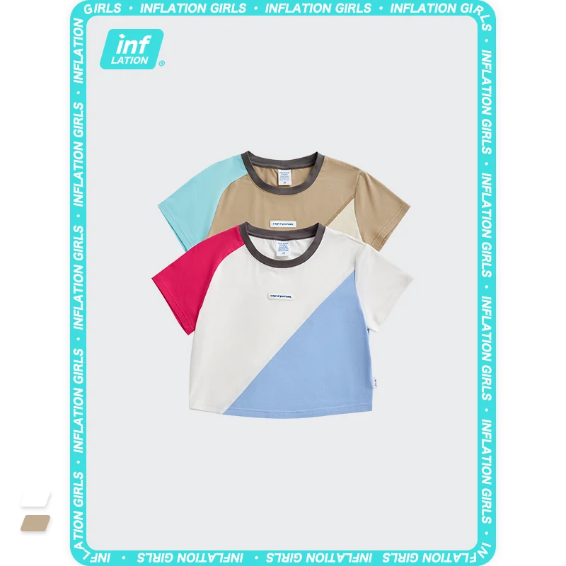 

INFLATION Harajuku Vintage Crop Tops Female Color Block Casual Short Sleeve Cropped Tees Women Round Neck Loose T-shirt 6303GS21