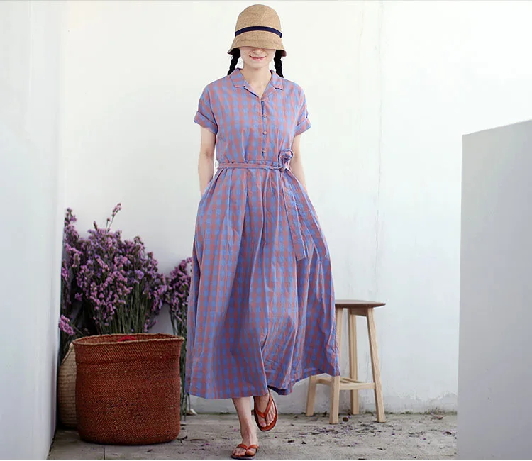 

Summer high-density cotton skin pink purple blue sun suit collar short sleeve big swing Pleated Dress