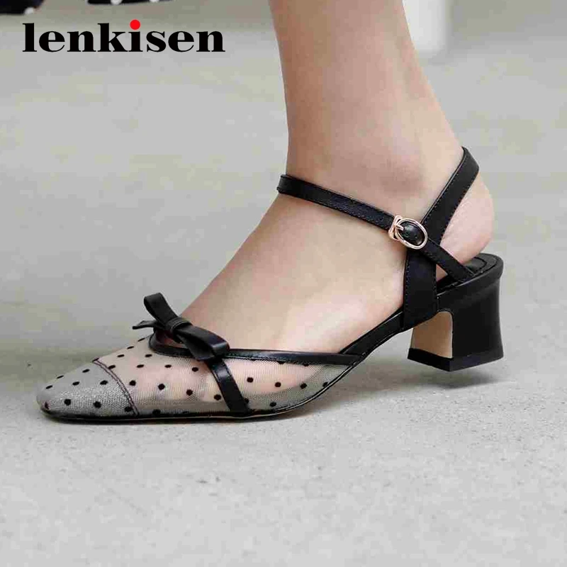 

Lenkisen gladiator butterfly-knot sweet fairy mixed cloth fashion round toe med square heel buckle straps women summer pumps L08