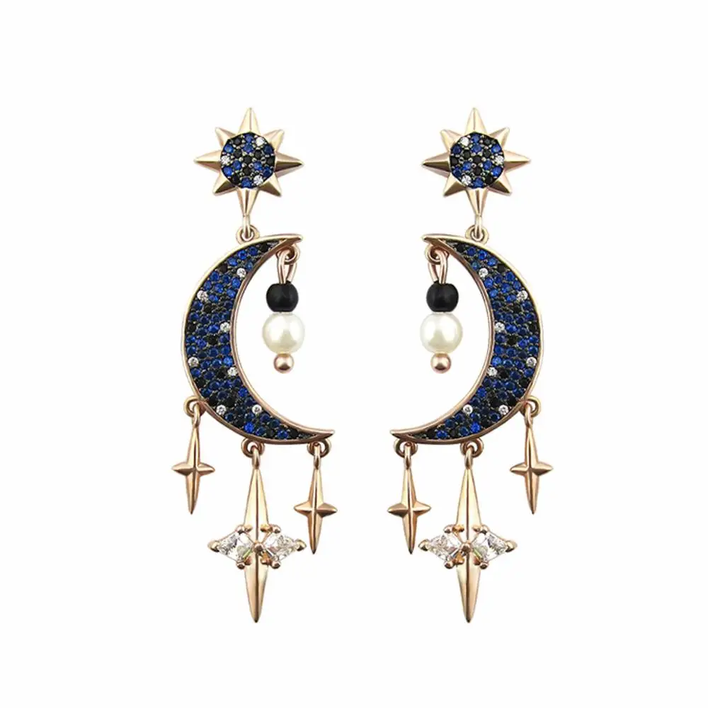 

2020 fashion jewelry high quality swa1:1 beautiful star and moon Gold Pendant with black and blue lady Charm Earrings gothic