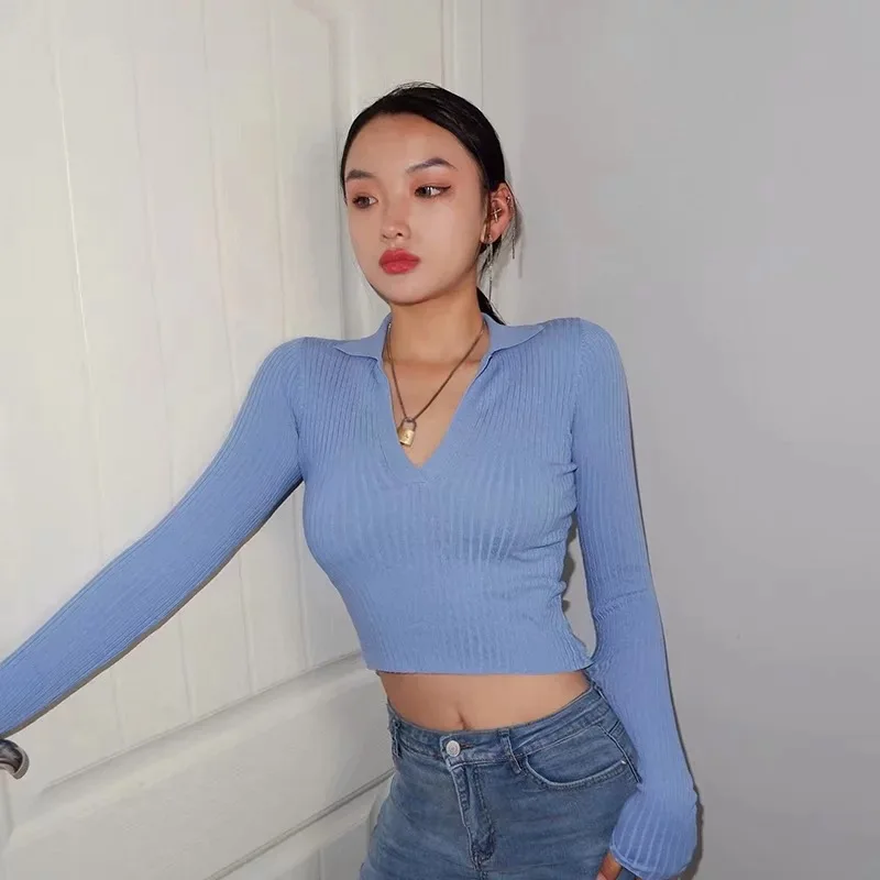 

2021 Vintage Knitted Sweater T-shirt Turn-down Collar Long Sleeve Crop Top Shirts Women Autumn Fashion Clothes Top Tees