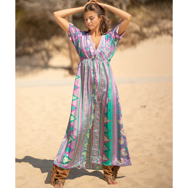 

2021 Bohemian Printed Loose Summer Dress Kimono Green Tunic Women Plus Size Beachwear Deep V-neck Front Open Maxi Dresses Q1201