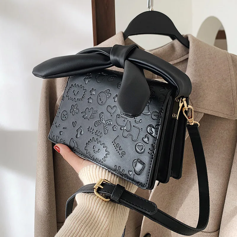 

Printing Designer PU Leather Tote Small Crossbody Bag 2021 Fashion New High-quality Lady Black Vintage Bow Shoulder Handbag