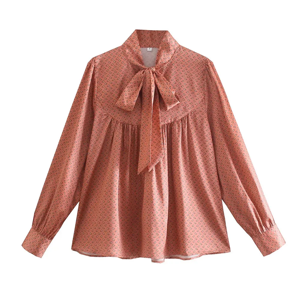 

DYLQFS 2021 Женская винтажная атласная богемная печать Офисная Женская однобортная рубашка женская уличная одежда рубашка с бантом Повседневны...