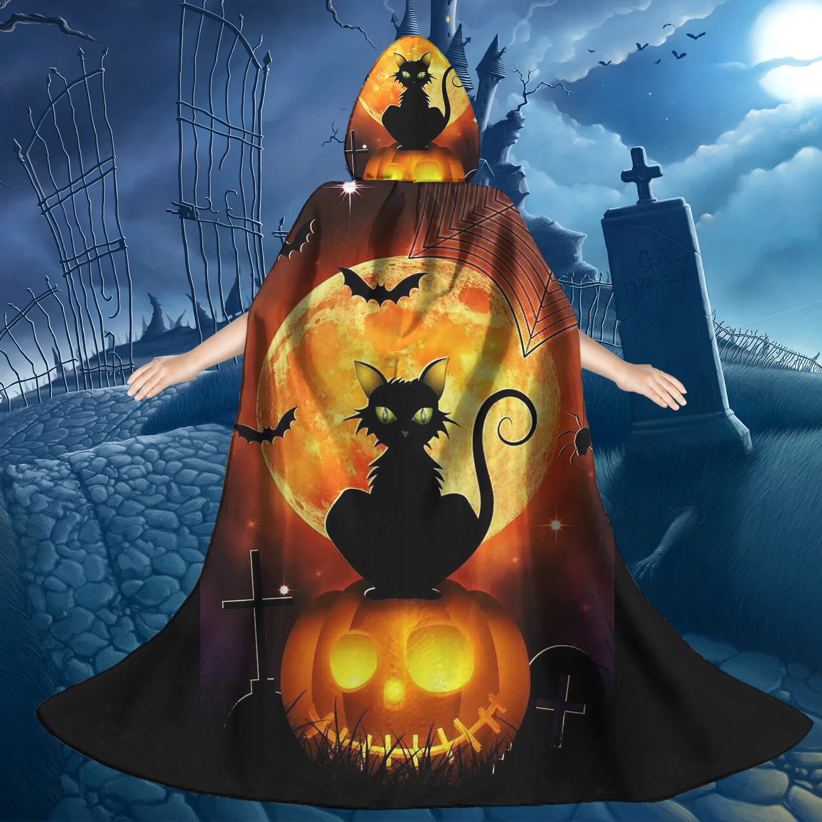 

Halloween Cat and Pumpkin Pattern Printed Child's Long Cape Cosplay Costumes Unisex Carnival Party Cloak Robe Outwear manteau