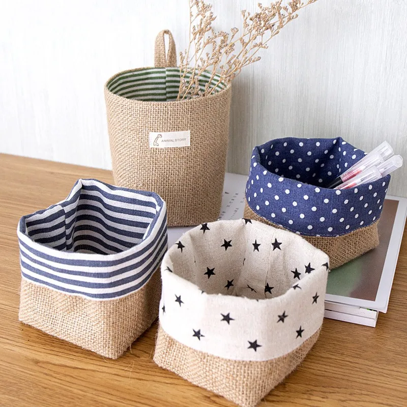 

Jute Cotton Household Storage Basket Desktop Toy Laundry Round Desktop Storage Box Small Sack Sundries Storage Organizer