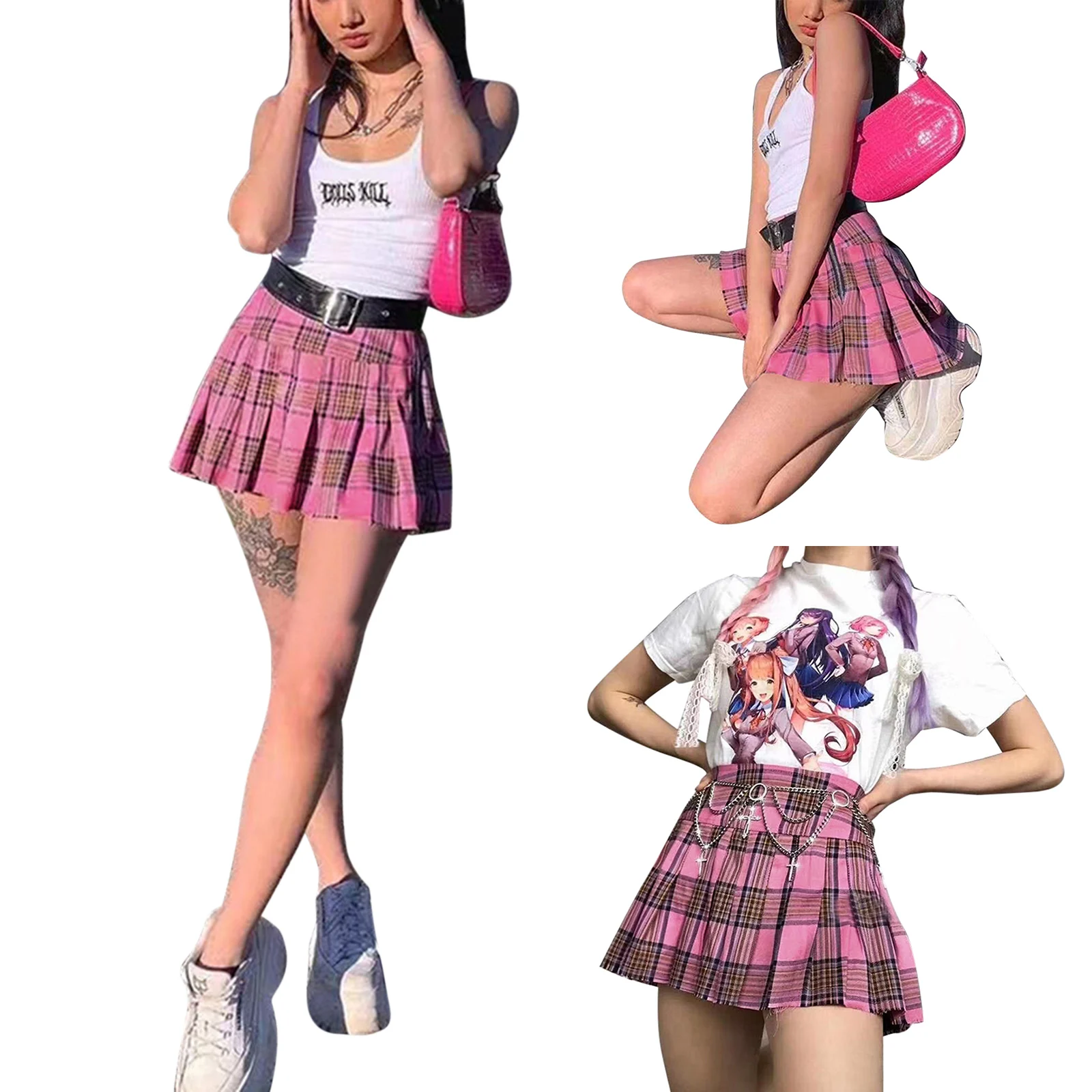 

2021 New Women High Waist Plaid Short Mini Skirts Preppy Style Ladies Sweet Pleated Plaid Skirts Summer For Young Girls