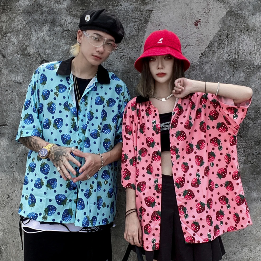 

Strawberry Print Short Sleeve Shirt HipHop Streetwear Casual Shirt Man Summer Fashion Hawaiian Shirts Tops dropshipping