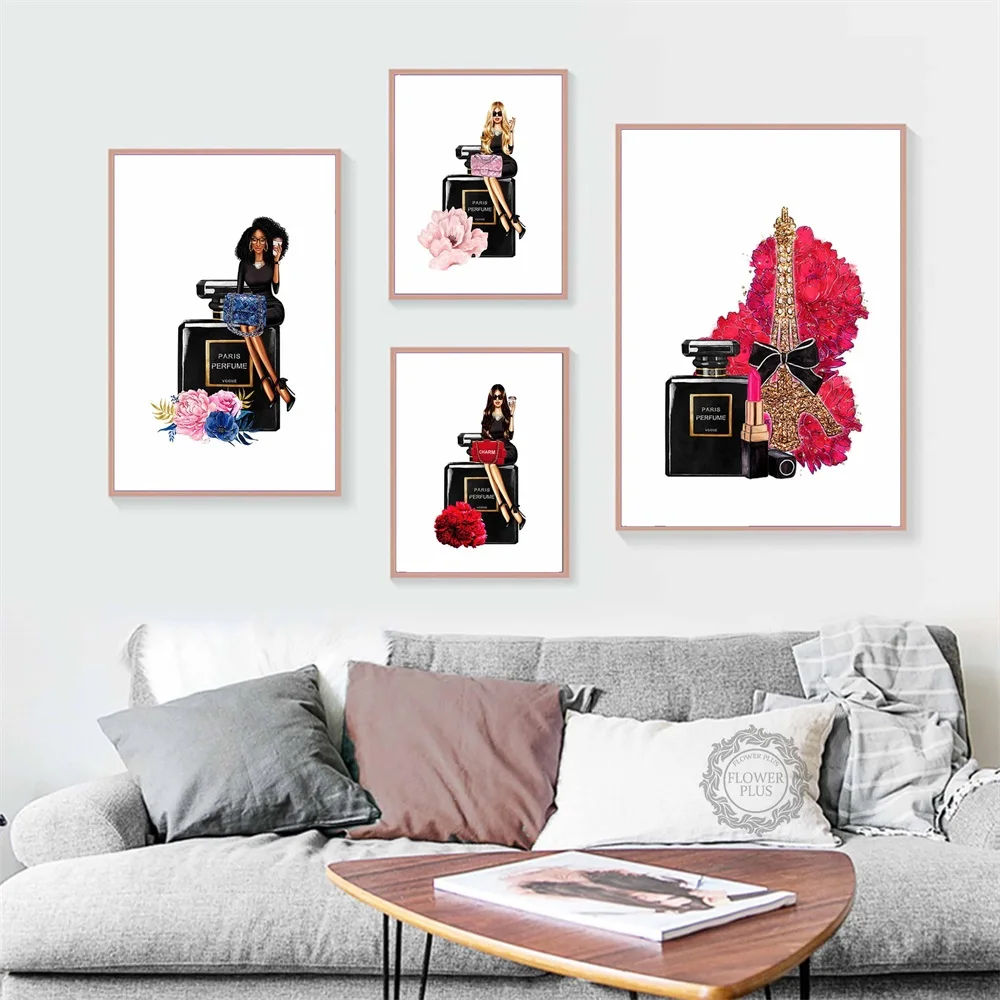 

Fashion Girl Paris Perfume Lipstick Flower Wall Art Canvas Painting Nordic Posters And Prints Wall Picture For quadro cuadros